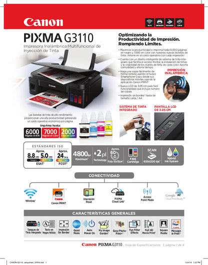 Impresora Multifunción Canon Pixma G3110 WiFi Sistema Continuo