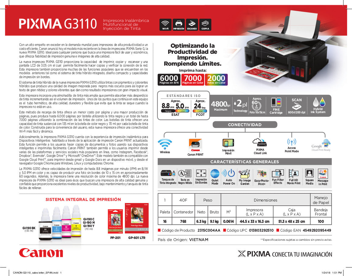 Impresora Multifunción Canon Pixma G3110 WiFi Sistema Continuo